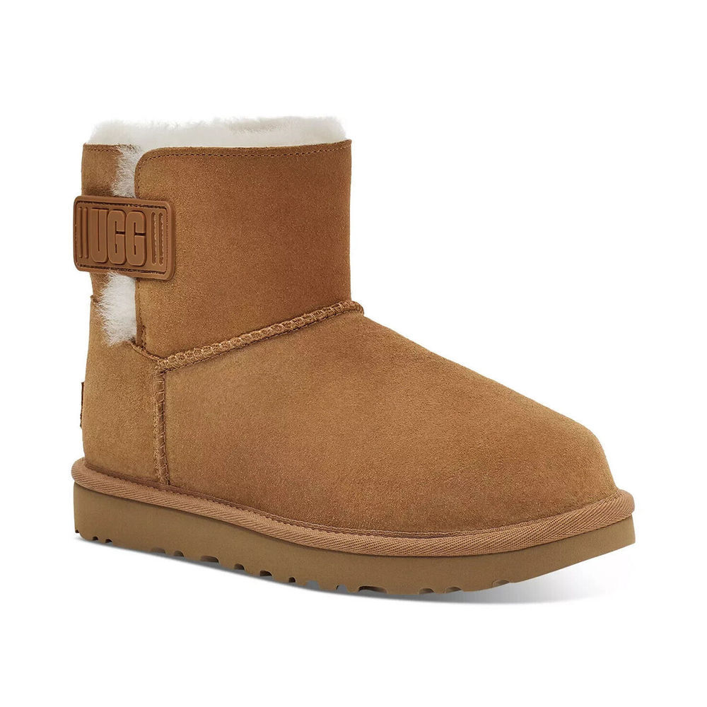 UGG Women's Mini Bailey Logo Strap Boots Booties 6 Chestnut NEW with Box